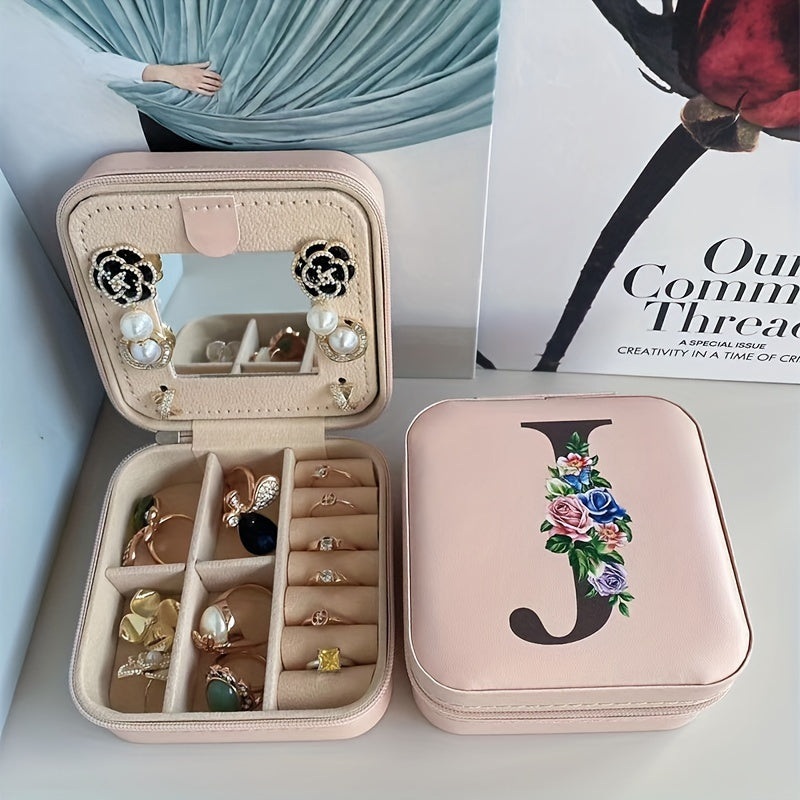 Fashion Letter Print Jewelry Box With Mirror, Waterproof PU Multi-grids Jewelry Organizer, Perfect Earrings Necklace Storage Box