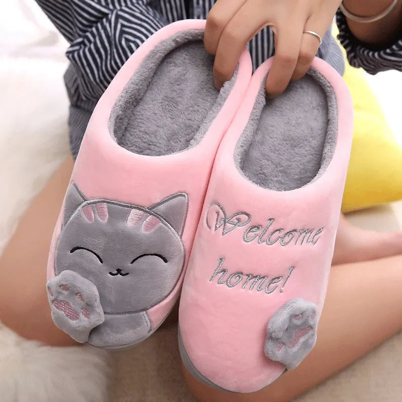Women Winter Home Slippers Cute Cartoon Cat Non-slip Couples Warm Indoor House Floor Shoes Female Male Bedroom Plush Footwear