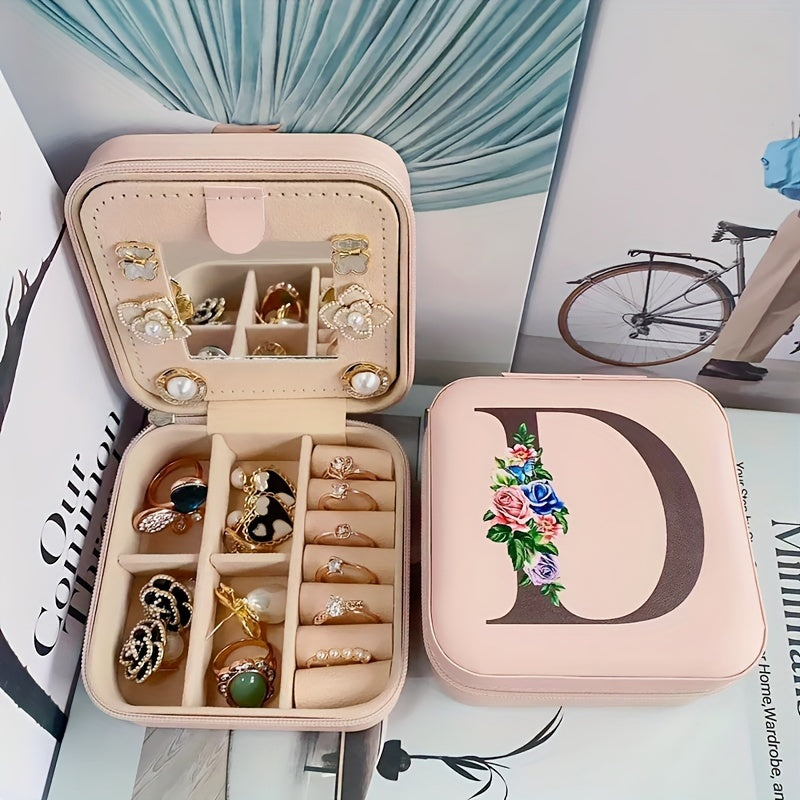 Fashion Letter Print Jewelry Box With Mirror, Waterproof PU Multi-grids Jewelry Organizer, Perfect Earrings Necklace Storage Box
