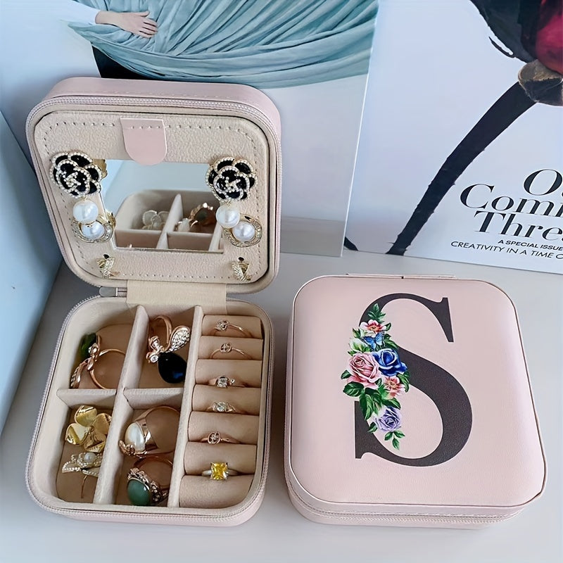 Fashion Letter Print Jewelry Box With Mirror, Waterproof PU Multi-grids Jewelry Organizer, Perfect Earrings Necklace Storage Box