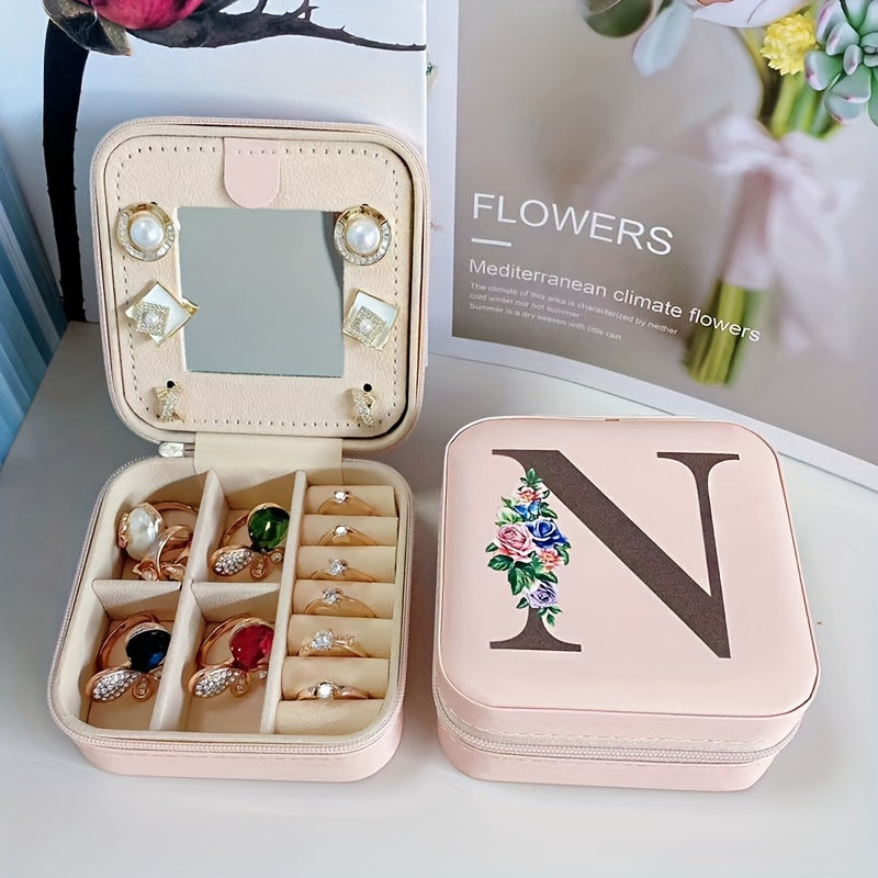 Fashion Letter Print Jewelry Box With Mirror, Waterproof PU Multi-grids Jewelry Organizer, Perfect Earrings Necklace Storage Box