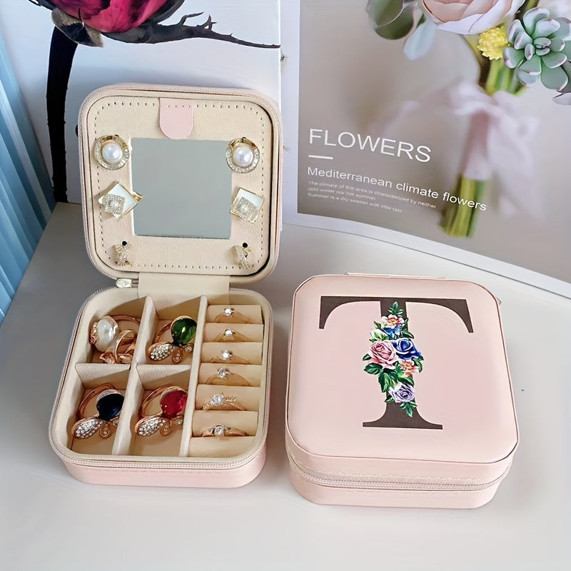 Fashion Letter Print Jewelry Box With Mirror, Waterproof PU Multi-grids Jewelry Organizer, Perfect Earrings Necklace Storage Box