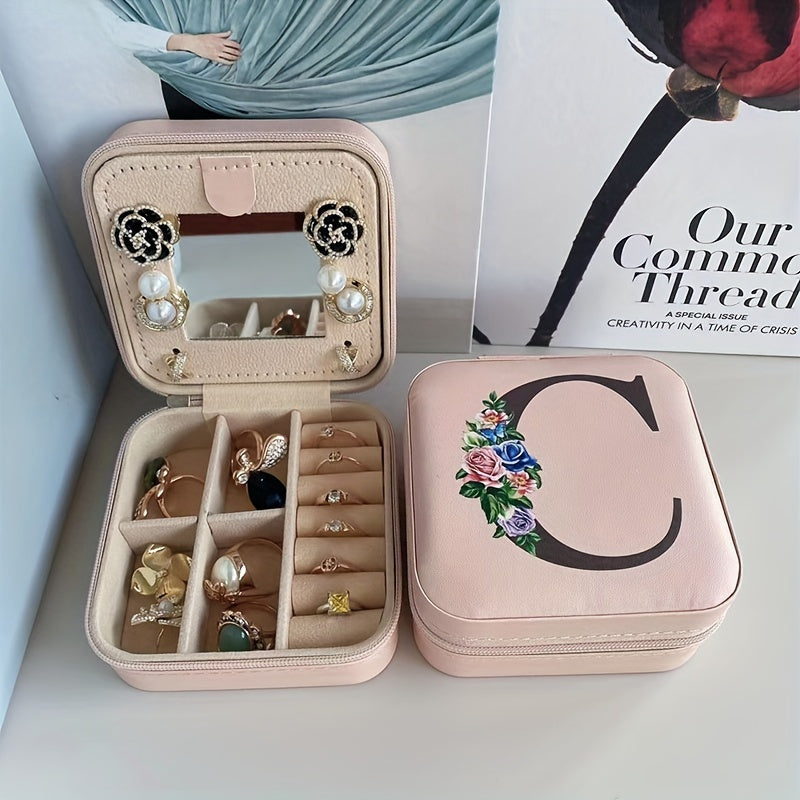 Fashion Letter Print Jewelry Box With Mirror, Waterproof PU Multi-grids Jewelry Organizer, Perfect Earrings Necklace Storage Box
