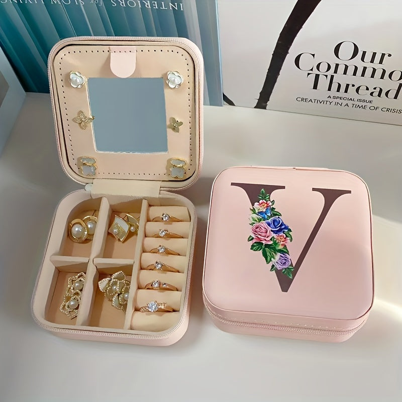 Fashion Letter Print Jewelry Box With Mirror, Waterproof PU Multi-grids Jewelry Organizer, Perfect Earrings Necklace Storage Box