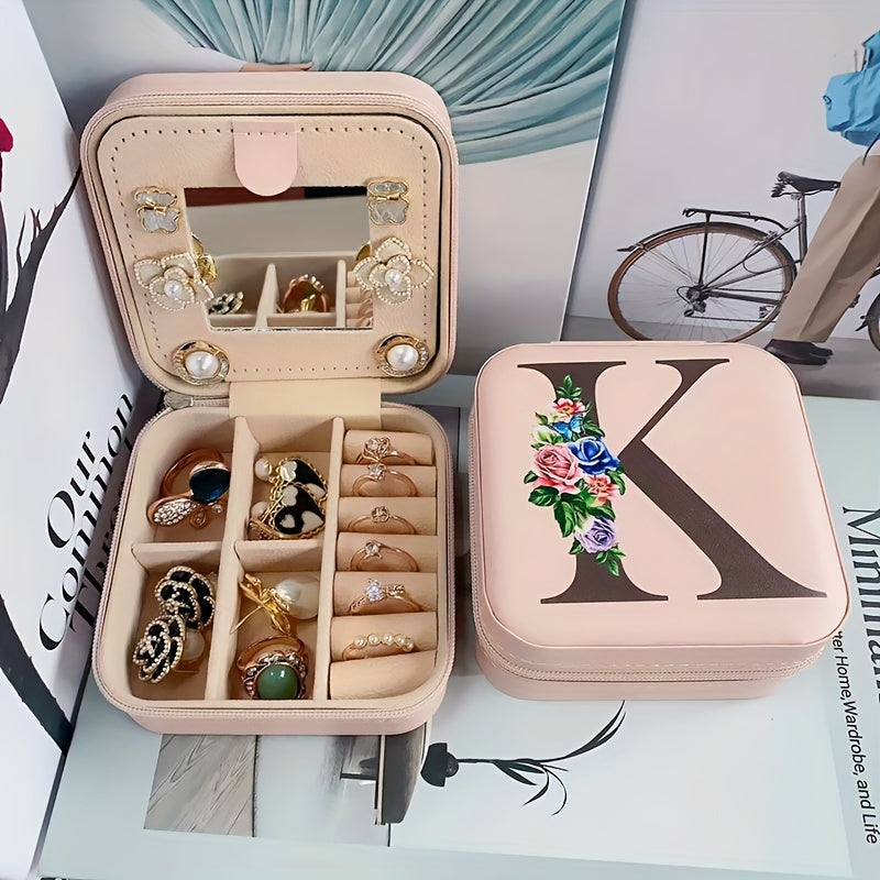 Fashion Letter Print Jewelry Box With Mirror, Waterproof PU Multi-grids Jewelry Organizer, Perfect Earrings Necklace Storage Box
