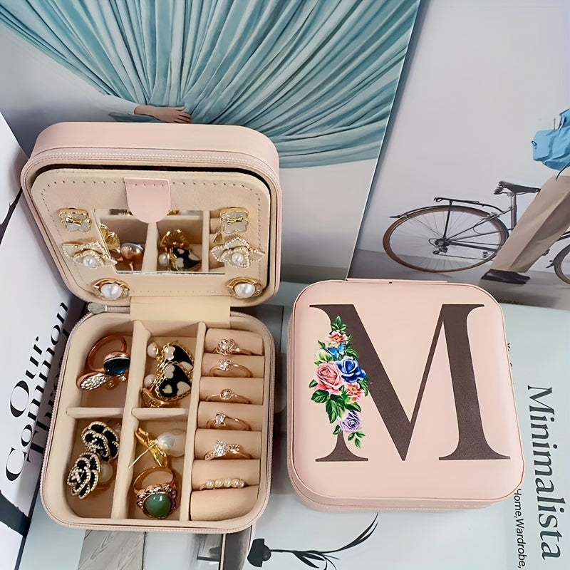 Fashion Letter Print Jewelry Box With Mirror, Waterproof PU Multi-grids Jewelry Organizer, Perfect Earrings Necklace Storage Box