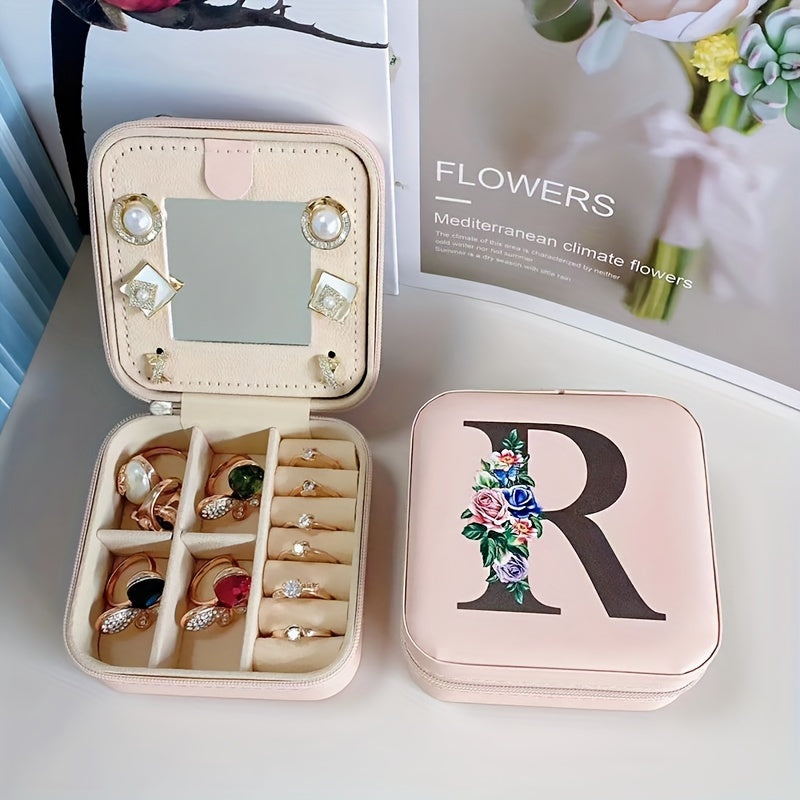 Fashion Letter Print Jewelry Box With Mirror, Waterproof PU Multi-grids Jewelry Organizer, Perfect Earrings Necklace Storage Box