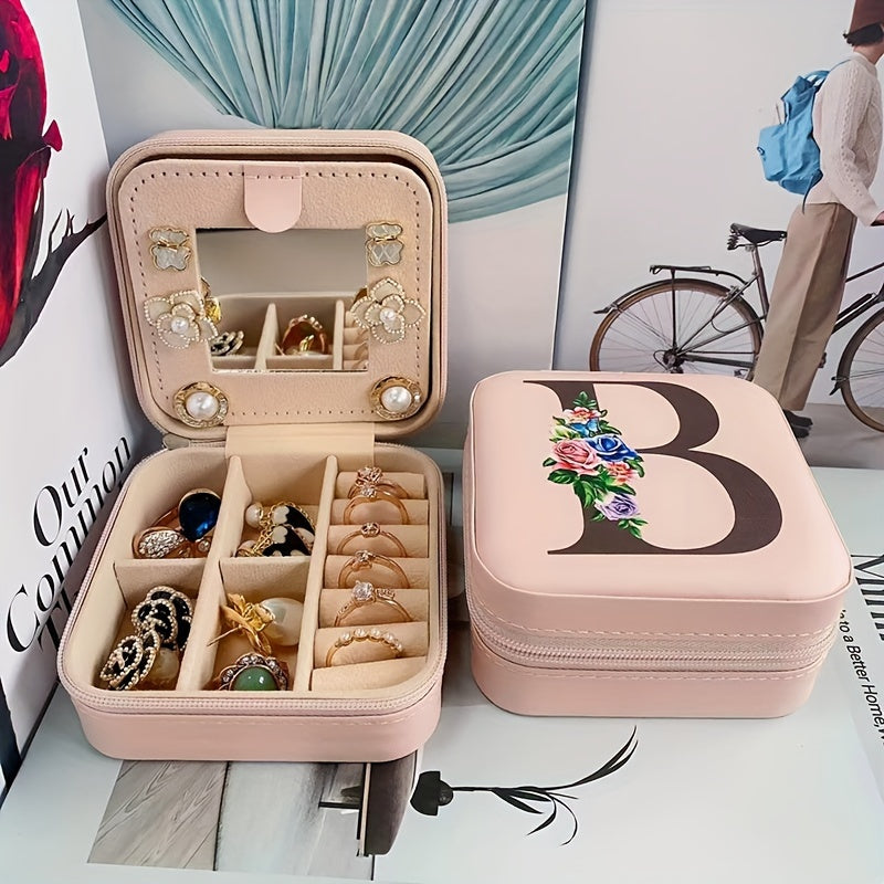 Fashion Letter Print Jewelry Box With Mirror, Waterproof PU Multi-grids Jewelry Organizer, Perfect Earrings Necklace Storage Box