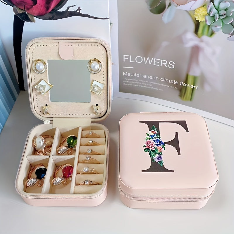 Fashion Letter Print Jewelry Box With Mirror, Waterproof PU Multi-grids Jewelry Organizer, Perfect Earrings Necklace Storage Box