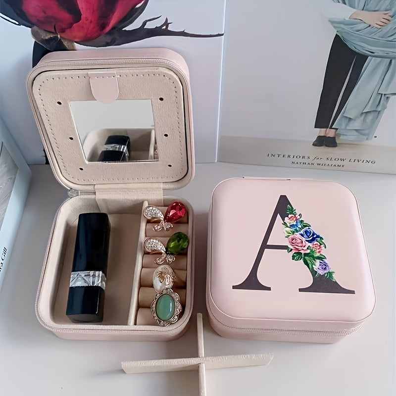 Fashion Letter Print Jewelry Box With Mirror, Waterproof PU Multi-grids Jewelry Organizer, Perfect Earrings Necklace Storage Box