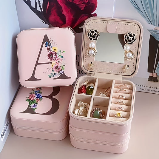 Fashion Letter Print Jewelry Box With Mirror, Waterproof PU Multi-grids Jewelry Organizer, Perfect Earrings Necklace Storage Box